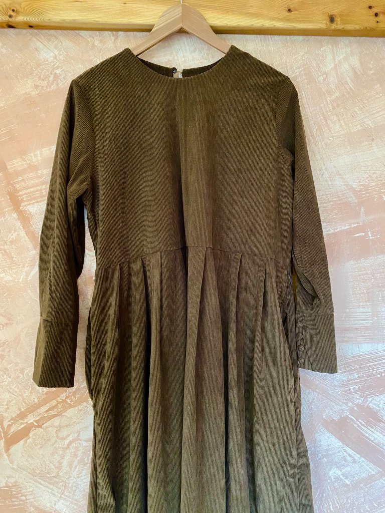 Soolinen Corduroy Dress Pockets Button Patchwork Fall Dress Long Sleeve L Brown — image 4 of 4